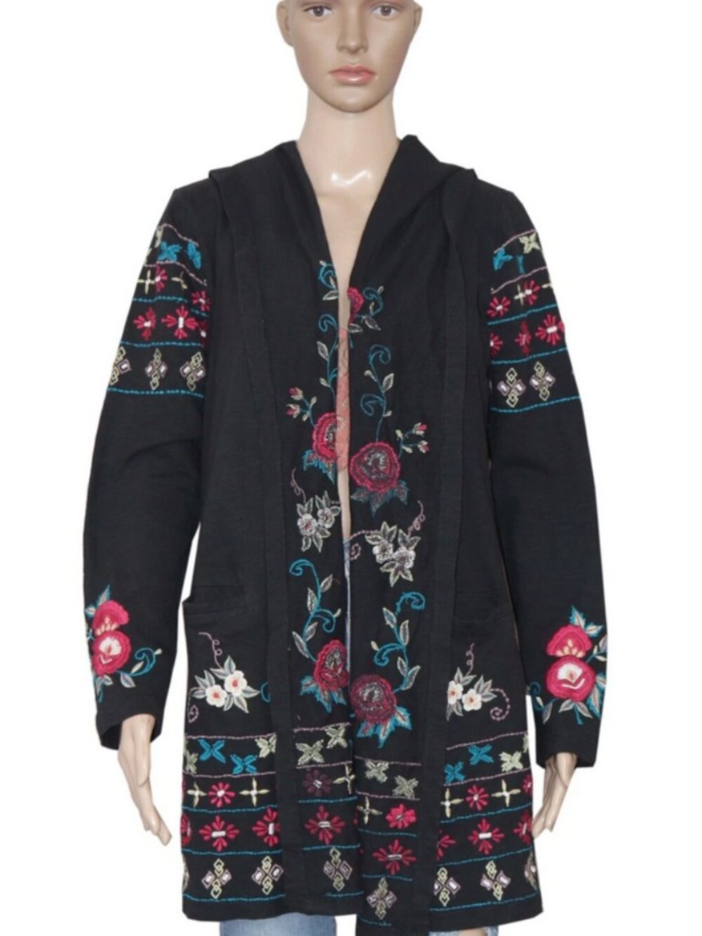 Caite Floral Embroidered Front Open Long Sleeve Asymmetrical Robe Hoodie - Picture 2 of 6